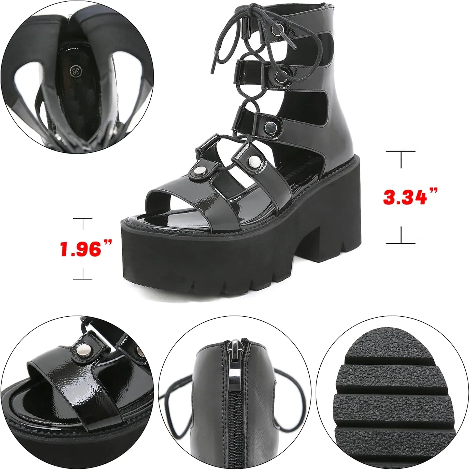Women'S Leather Goth Anti-Slip Platform Sandals,Casual Open-Toe Lace Up Back Zip High Top Roman Sandals,Gladiator Hollow Out Lug Sole Summer Booties