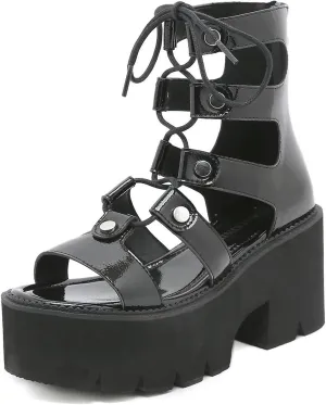 Women'S Leather Goth Anti-Slip Platform Sandals,Casual Open-Toe Lace Up Back Zip High Top Roman Sandals,Gladiator Hollow Out Lug Sole Summer Booties