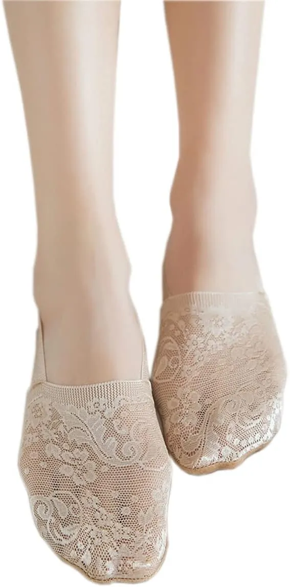 Women's No Show Socks, 5 Pack Lace Cotton Non Slip Flat Boat Invisible Low Cut Liners Sports Ankle Socks