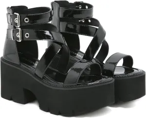 Women's Patent Leather Platform Chunky Heel Fisherman Sandals Fashion Hollow Adjustable Ankle Buckle Zipper Round Open Toe Anti-Slip Lug Sole Goth Walking Sandals