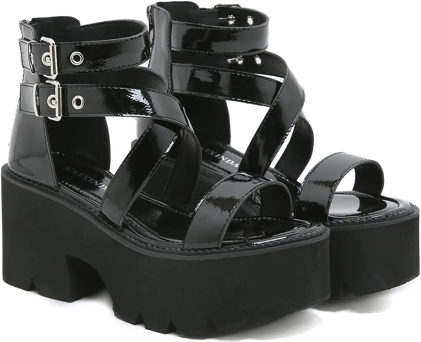 Women's Patent Leather Platform Chunky Heel Fisherman Sandals Fashion Hollow Adjustable Ankle Buckle Zipper Round Open Toe Anti-Slip Lug Sole Goth Walking Sandals
