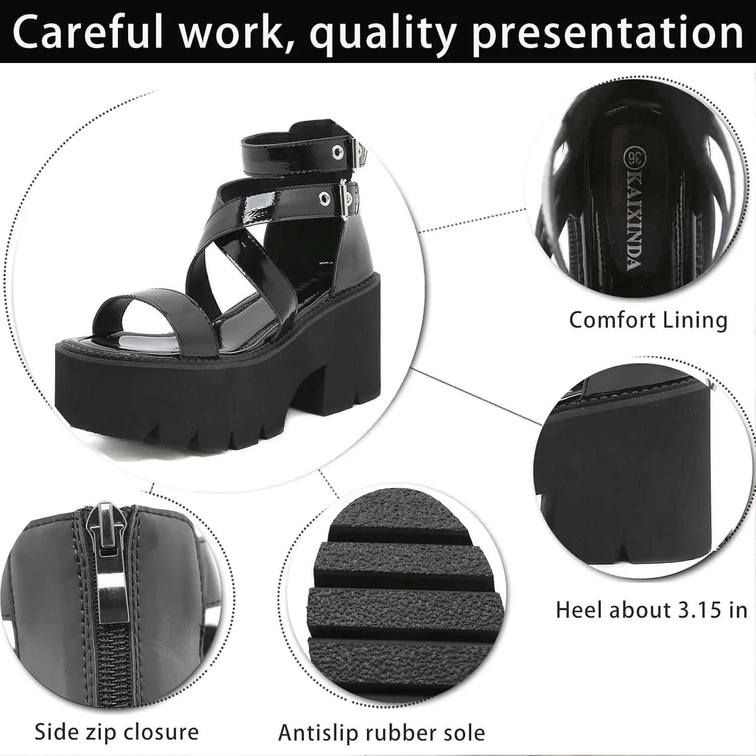 Women's Patent Leather Platform Chunky Heel Fisherman Sandals Fashion Hollow Adjustable Ankle Buckle Zipper Round Open Toe Anti-Slip Lug Sole Goth Walking Sandals