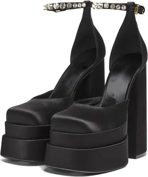 Womens Platform Chunky Heel Dress Pumps Ankle Strap Block High Heel Silk Satin Square Toe Rhinestones Heeled Pumps