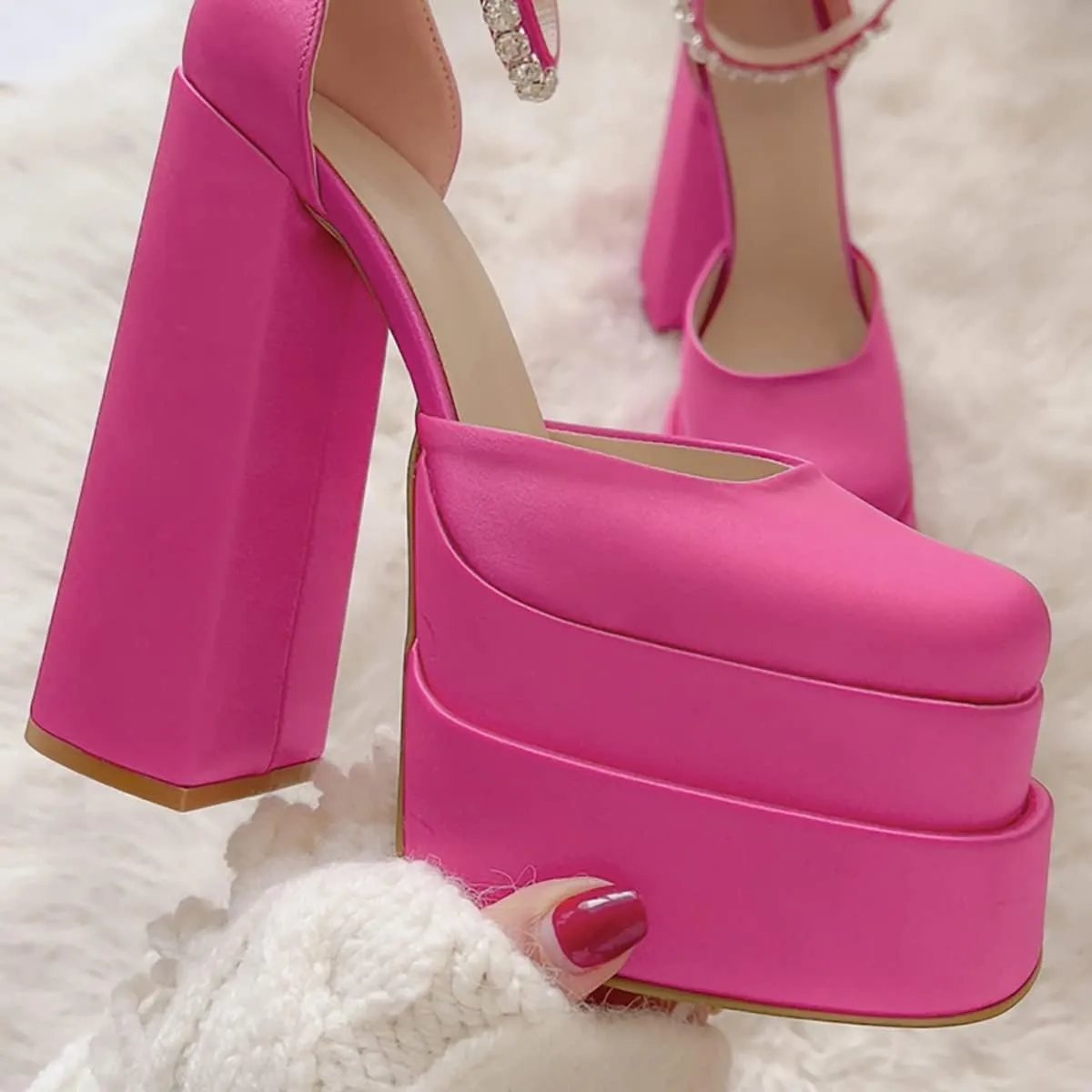 Womens Platform Chunky Heel Dress Pumps Ankle Strap Block High Heel Silk Satin Square Toe Rhinestones Heeled Pumps