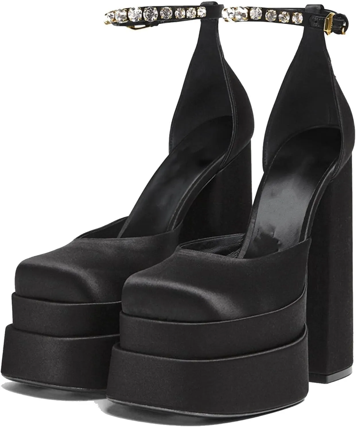 Womens Platform Chunky Heel Dress Pumps Ankle Strap Block High Heel Silk Satin Square Toe Rhinestones Heeled Pumps