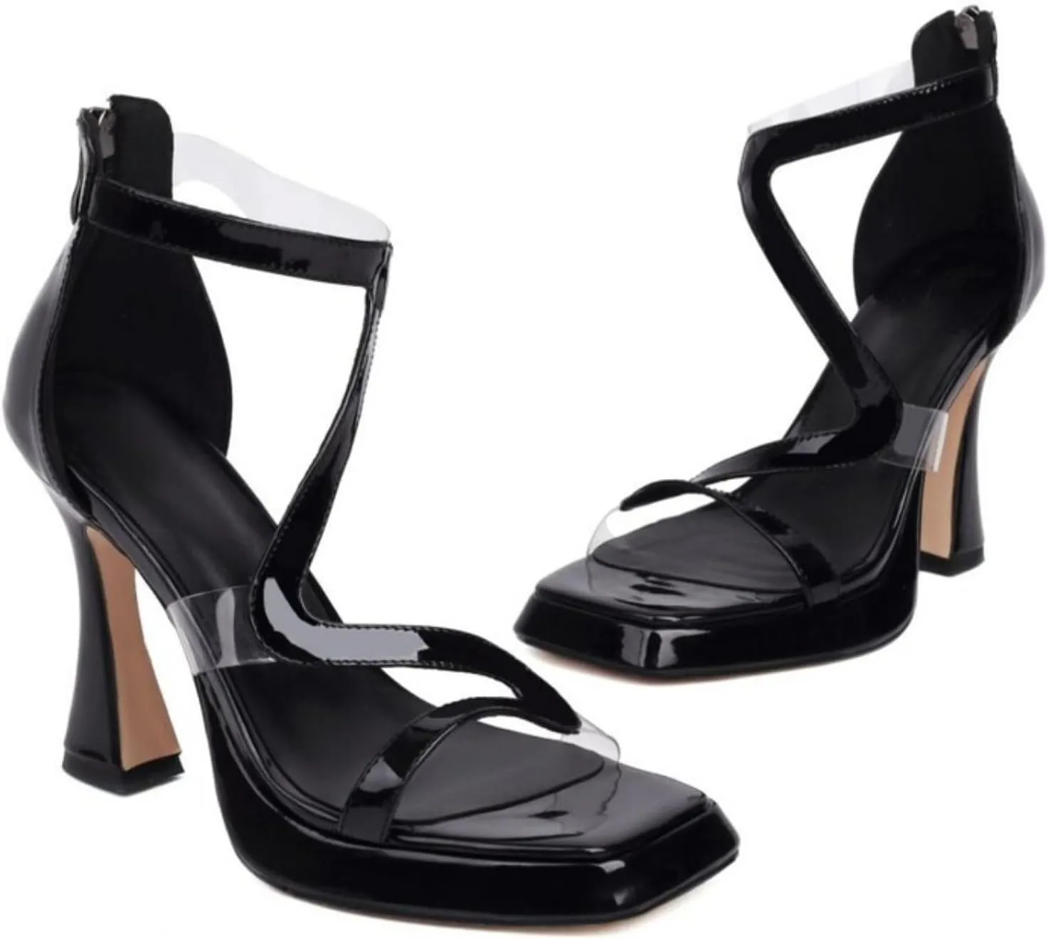 Women's Platform Open Toe Chunky High Heeled Sandals Fashion Square Peep Toe Transparent Stripes Back Zip Casual Dress Sandal Shoes