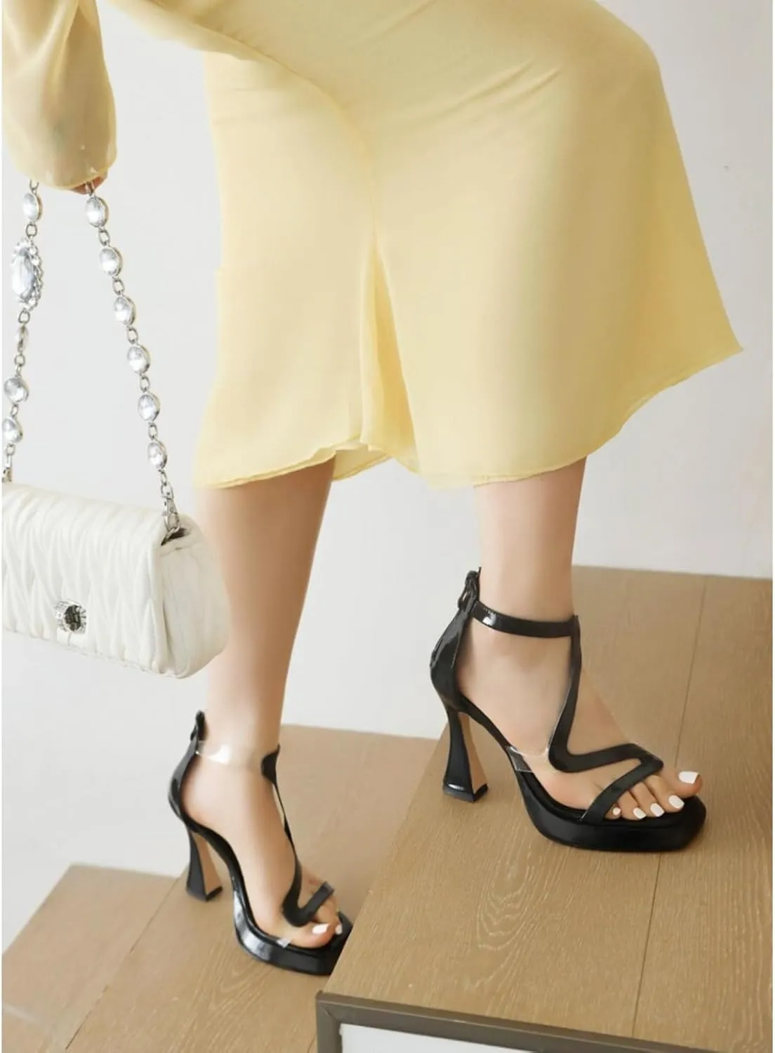 Women's Platform Open Toe Chunky High Heeled Sandals Fashion Square Peep Toe Transparent Stripes Back Zip Casual Dress Sandal Shoes