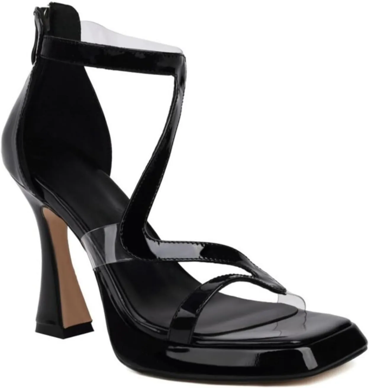Women's Platform Open Toe Chunky High Heeled Sandals Fashion Square Peep Toe Transparent Stripes Back Zip Casual Dress Sandal Shoes