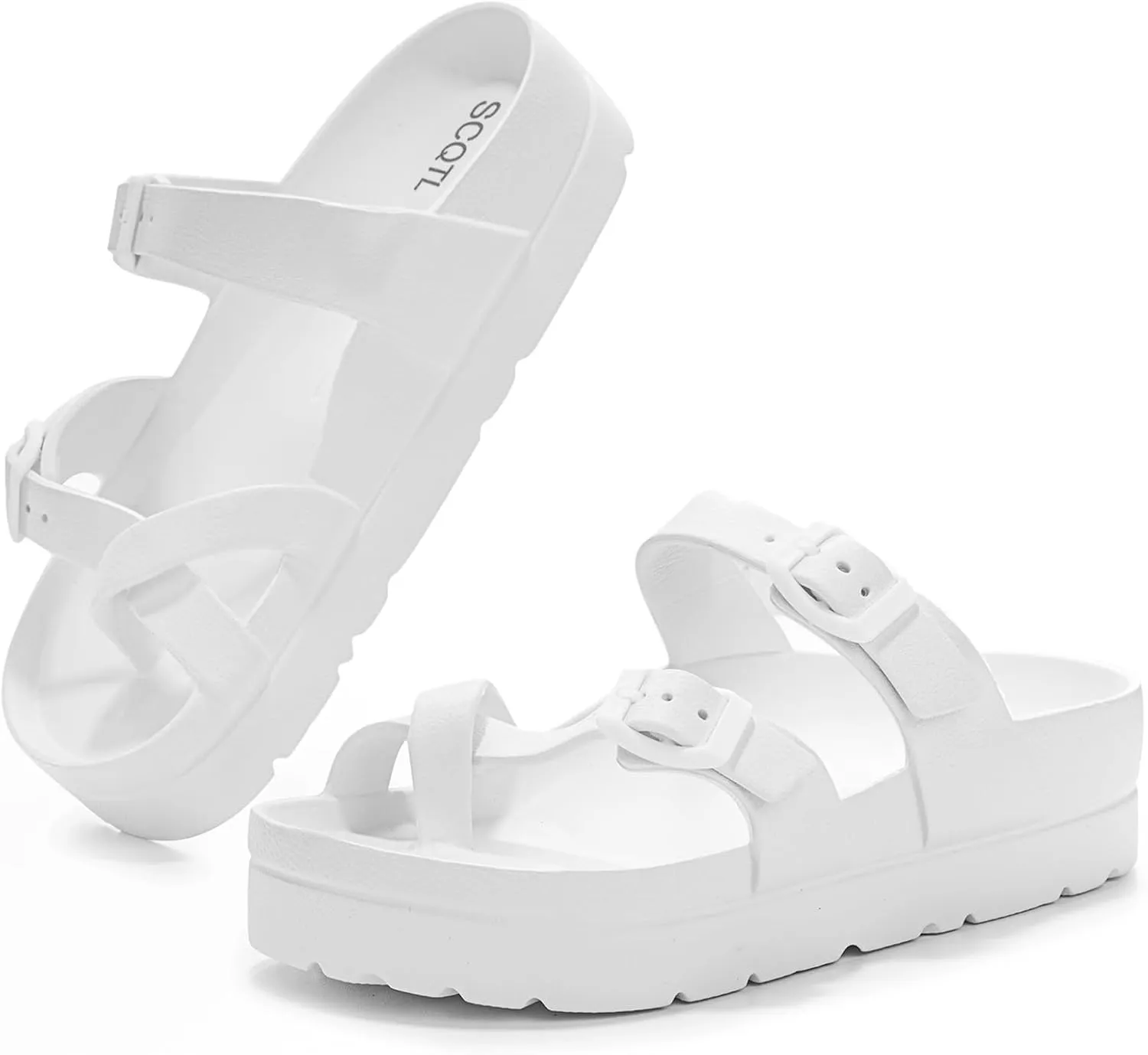 Women's Platform Sandals with Arch Support, Comfort Slides Adjustable Slip On Flat Sandals for Summer Ultra Cushion & Thick Soles