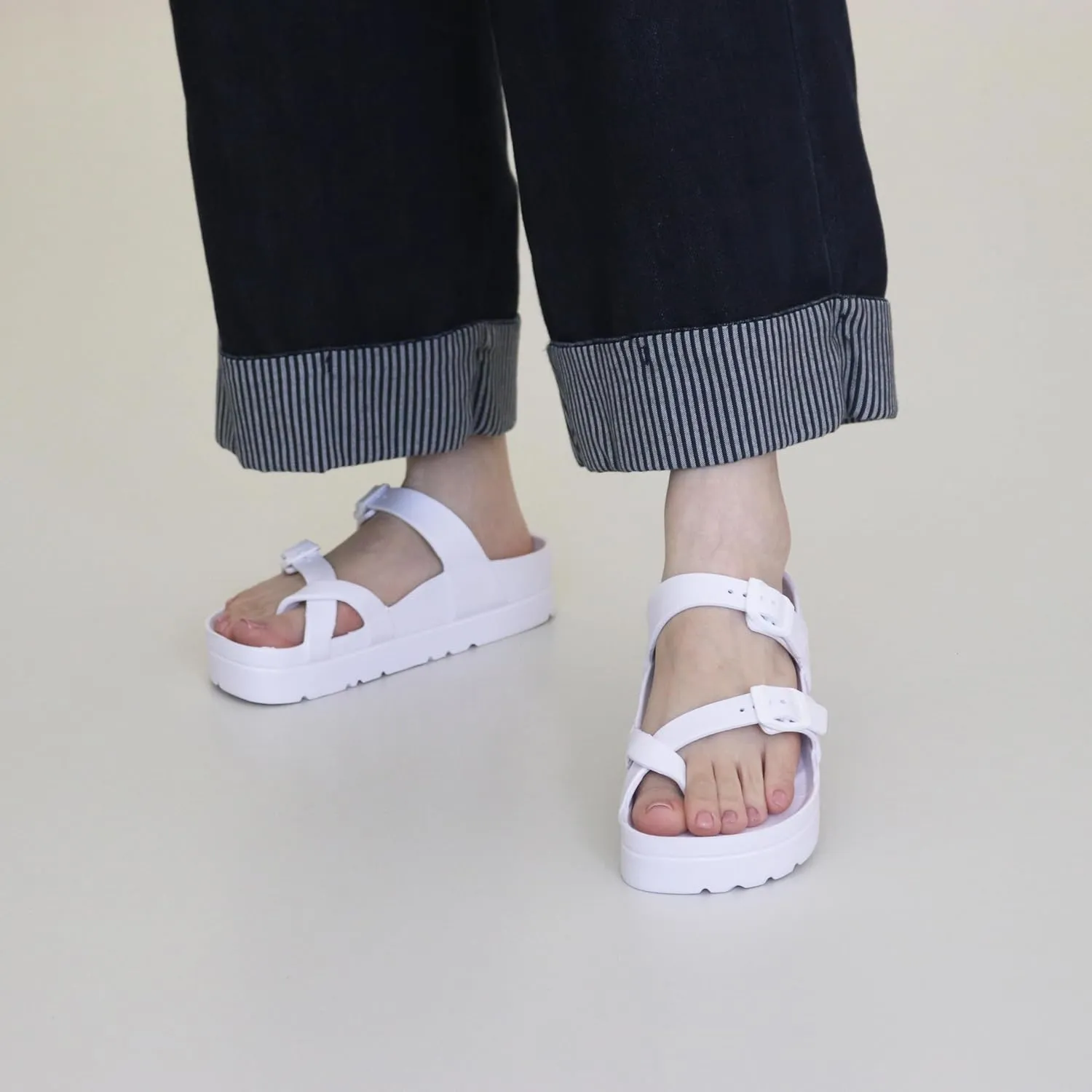 Women's Platform Sandals with Arch Support, Comfort Slides Adjustable Slip On Flat Sandals for Summer Ultra Cushion & Thick Soles