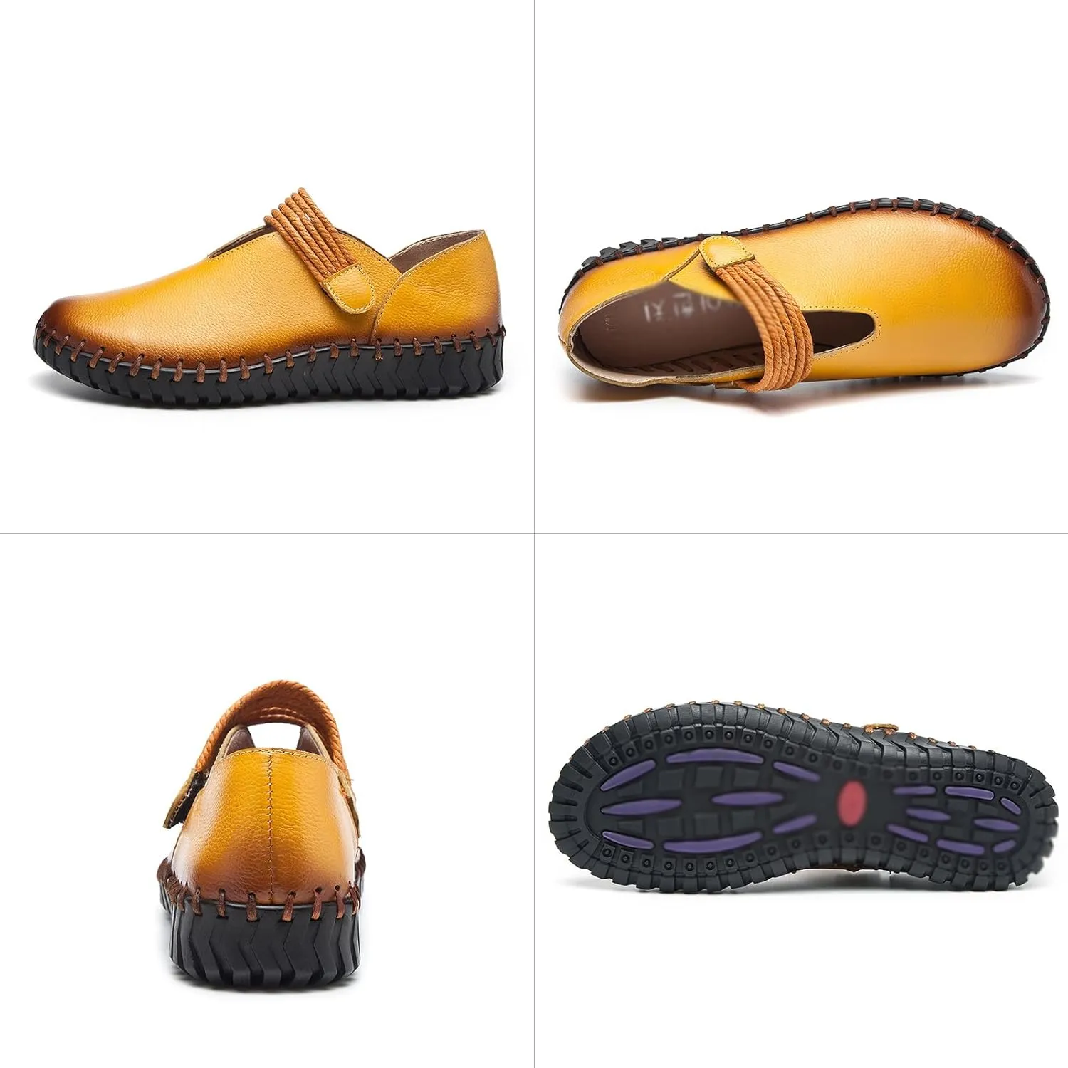 Women's Soft Sole Hook-Loop Casual Loafers,Fashion Handmade Round Toe Flats Comfortable Non-Slip Slip-on Dress Leather Shoes