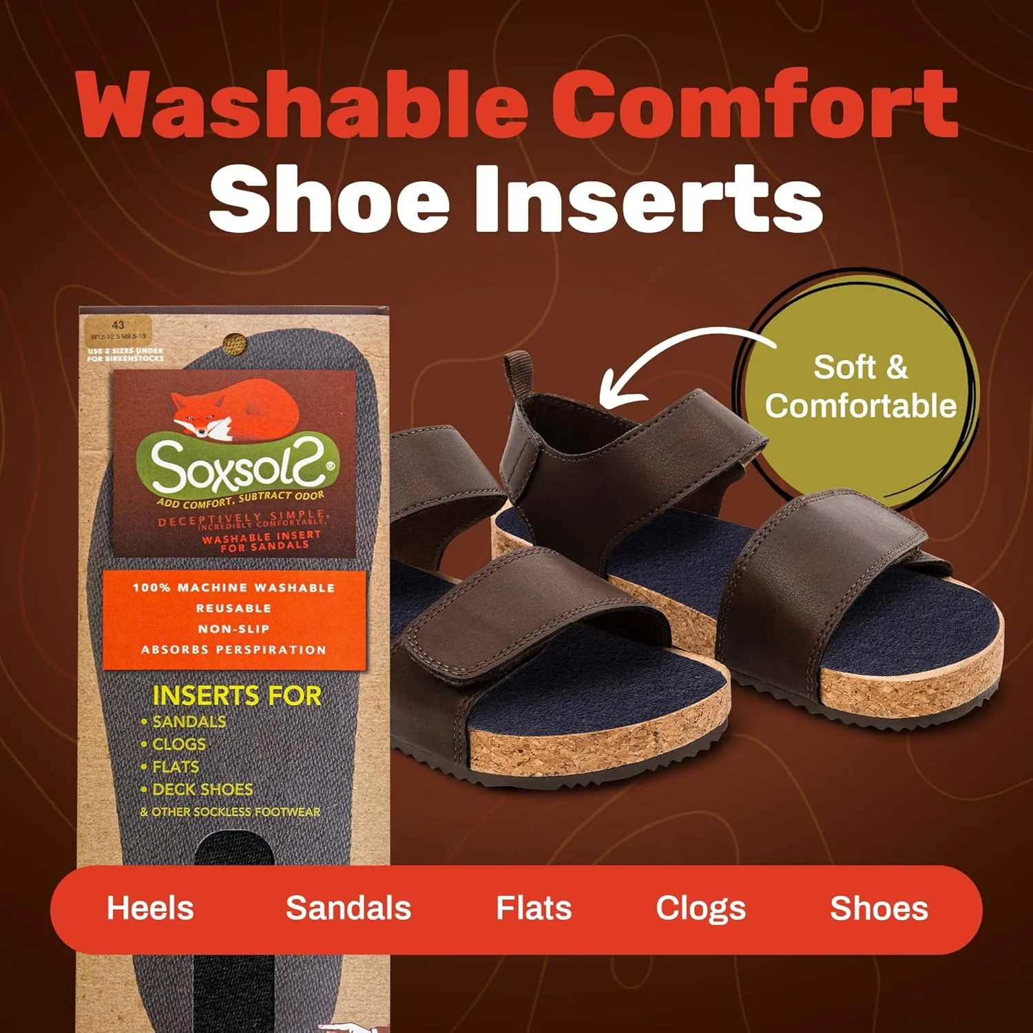 Wool Flat Shoe Insert for Sandals & Sockless Shoes, Comfortable Shoe Insoles with Sweat-Absorbent Natural Fiber & Non-Slip Silicone Grip, Wide-Cut Foot Soles for Men & Women, Black, Size 38 - SoxsolS