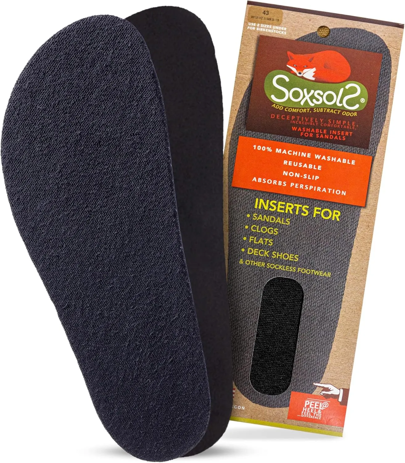 Wool Flat Shoe Insert for Sandals & Sockless Shoes, Comfortable Shoe Insoles with Sweat-Absorbent Natural Fiber & Non-Slip Silicone Grip, Wide-Cut Foot Soles for Men & Women, Black, Size 38 - SoxsolS