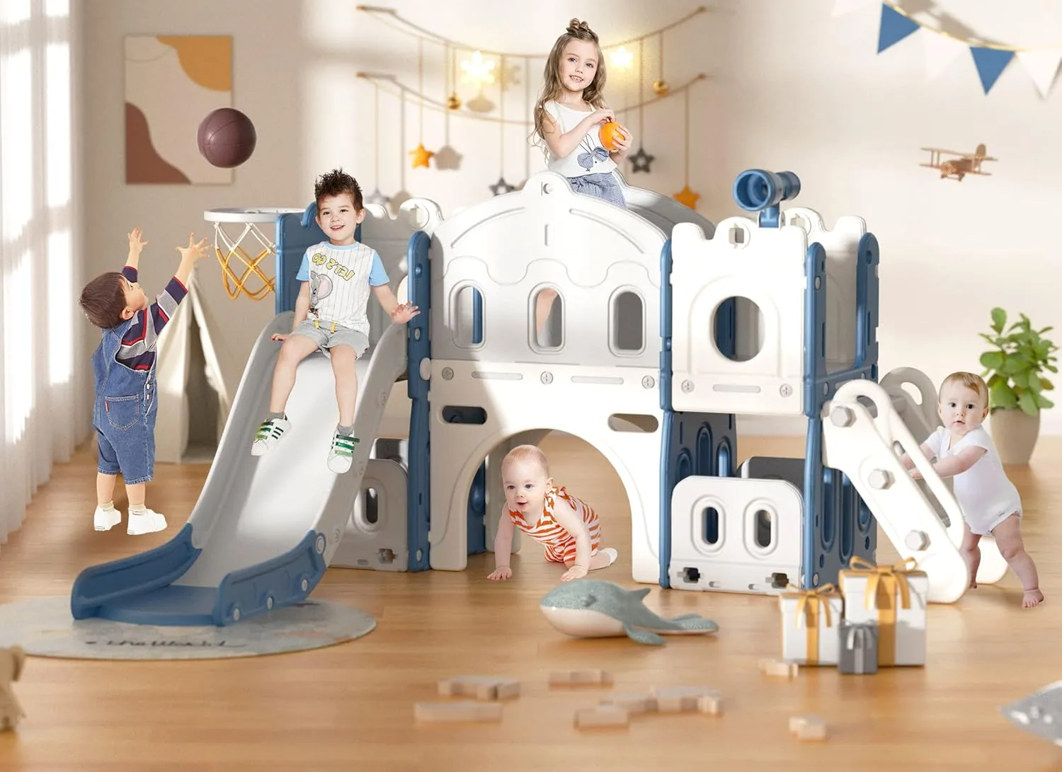 XJD 7 in 1 Toddler Slide Set, Kids Slide for Toddlers Age 1 , Toddler Climber Slide PlaySet with Basketball Hoop and Ball,Outdoor Indoor Playground for Toddlers 1-3 (Blue)