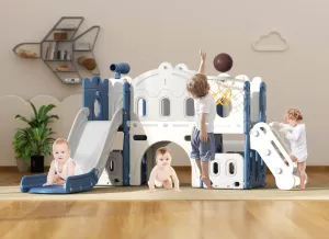 XJD 7 in 1 Toddler Slide Set, Kids Slide for Toddlers Age 1 , Toddler Climber Slide PlaySet with Basketball Hoop and Ball,Outdoor Indoor Playground for Toddlers 1-3 (Blue)