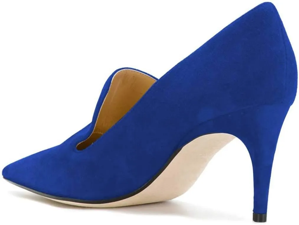 YDN Women's Mid Heels Slip on Loafer Stilettos Pumps Pointy Toe Slide Suede Prom Shoes Size 4-15