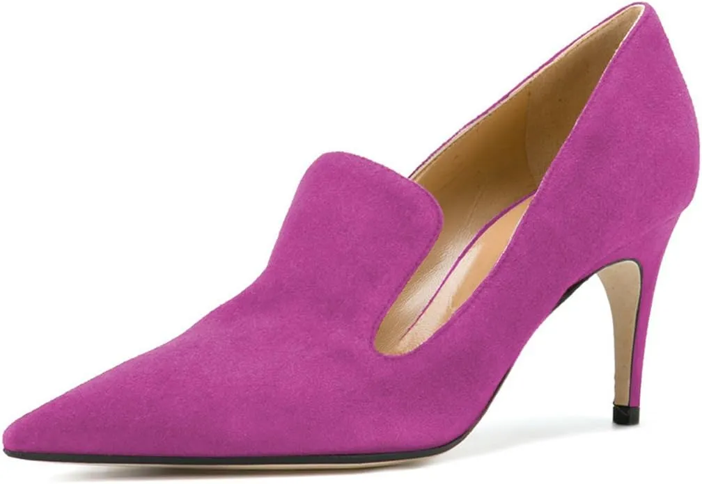 YDN Women's Mid Heels Slip on Loafer Stilettos Pumps Pointy Toe Slide Suede Prom Shoes Size 4-15