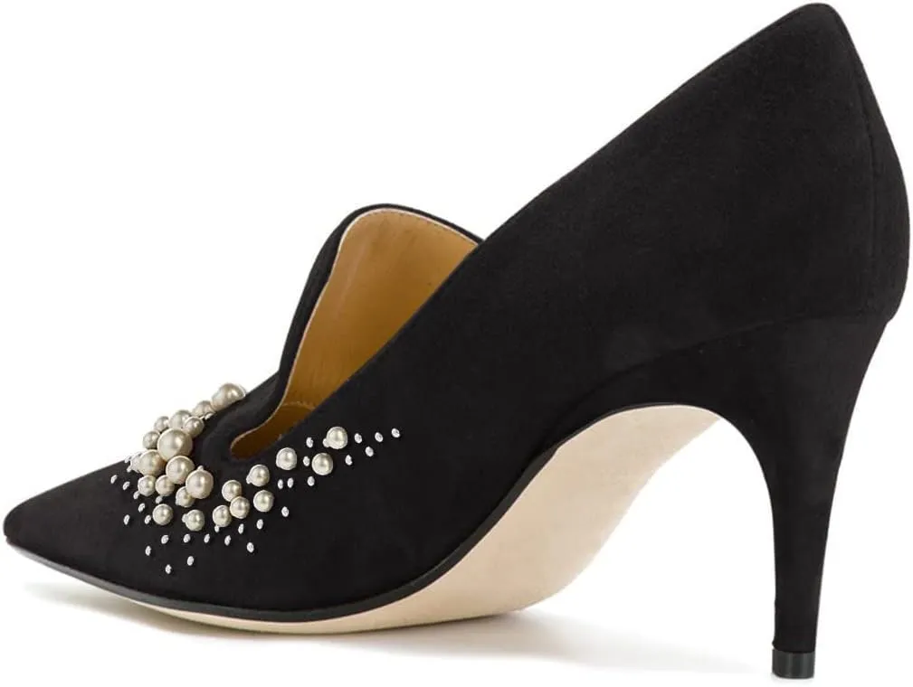 YDN Women's Mid Heels Slip on Loafer Stilettos Pumps Pointy Toe Slide Suede Prom Shoes Size 4-15