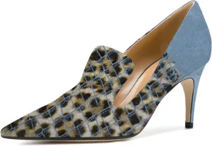 YDN Women's Mid Heels Slip on Loafer Stilettos Pumps Pointy Toe Slide Suede Prom Shoes Size 4-15
