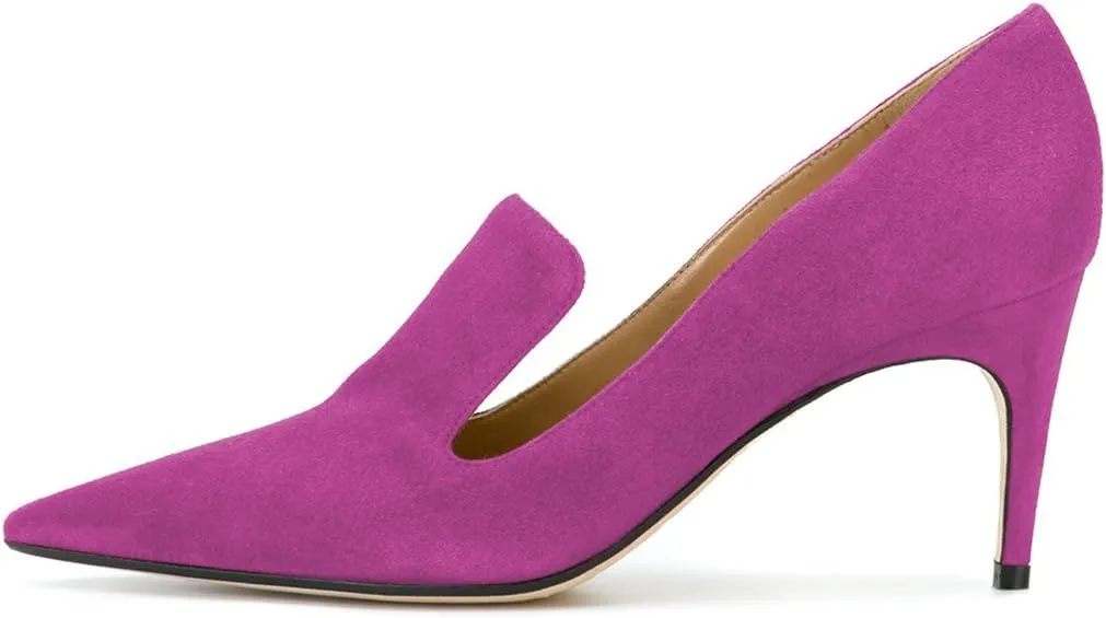 YDN Women's Mid Heels Slip on Loafer Stilettos Pumps Pointy Toe Slide Suede Prom Shoes Size 4-15