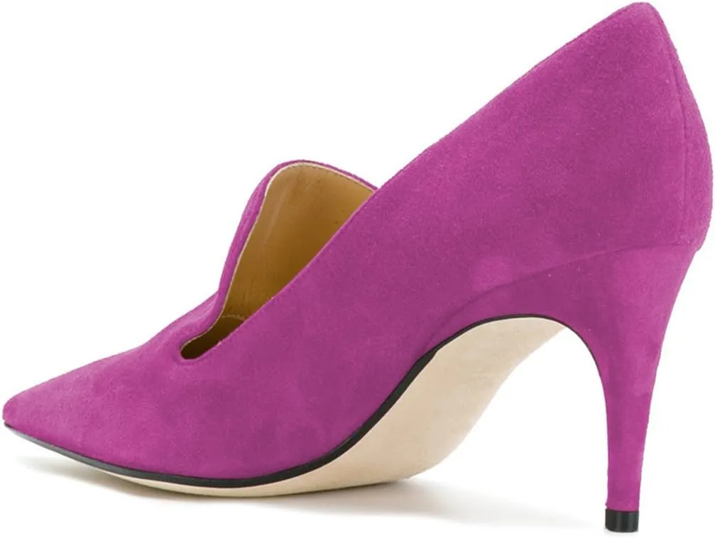 YDN Women's Mid Heels Slip on Loafer Stilettos Pumps Pointy Toe Slide Suede Prom Shoes Size 4-15