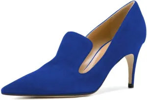YDN Women's Mid Heels Slip on Loafer Stilettos Pumps Pointy Toe Slide Suede Prom Shoes Size 4-15