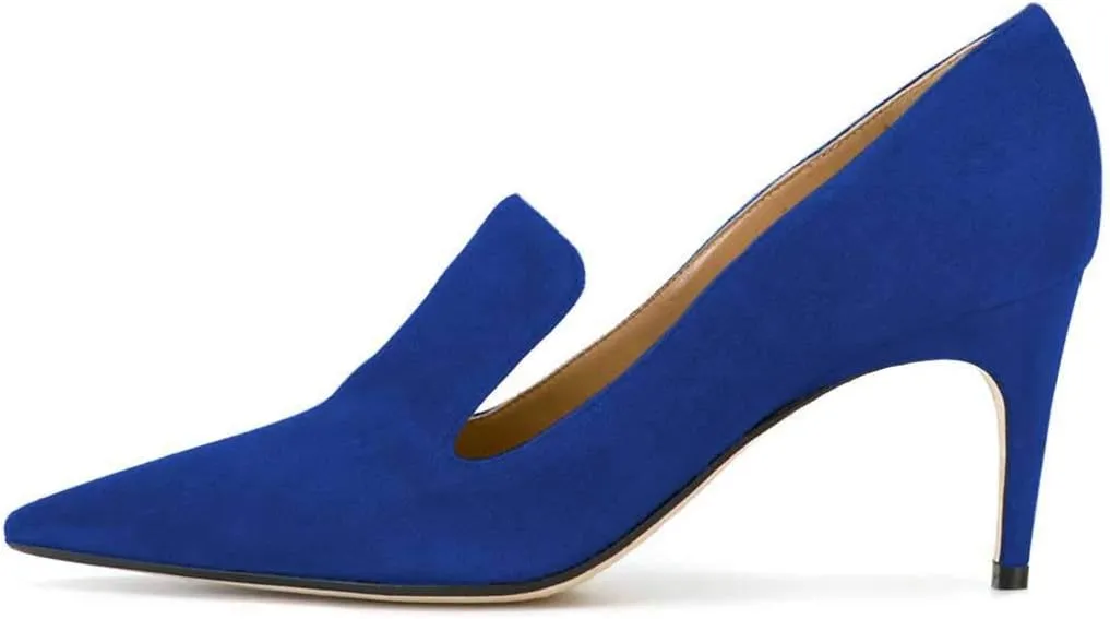 YDN Women's Mid Heels Slip on Loafer Stilettos Pumps Pointy Toe Slide Suede Prom Shoes Size 4-15