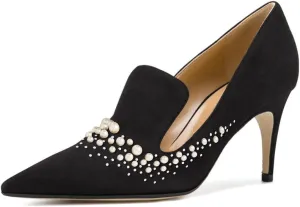 YDN Women's Mid Heels Slip on Loafer Stilettos Pumps Pointy Toe Slide Suede Prom Shoes Size 4-15