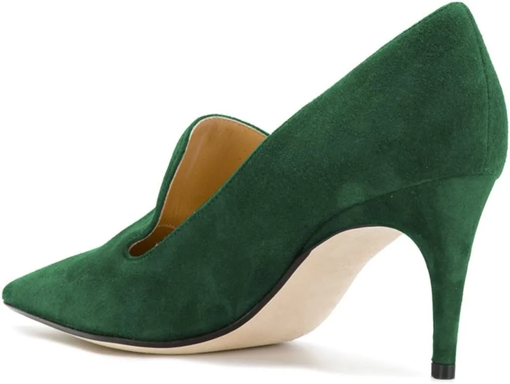 YDN Women's Mid Heels Slip on Loafer Stilettos Pumps Pointy Toe Slide Suede Prom Shoes Size 7-12 US