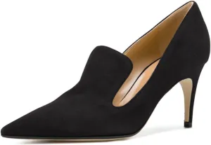 YDN Women's Mid Heels Slip on Loafer Stilettos Pumps Pointy Toe Slide Suede Prom Shoes Size 7-12 US