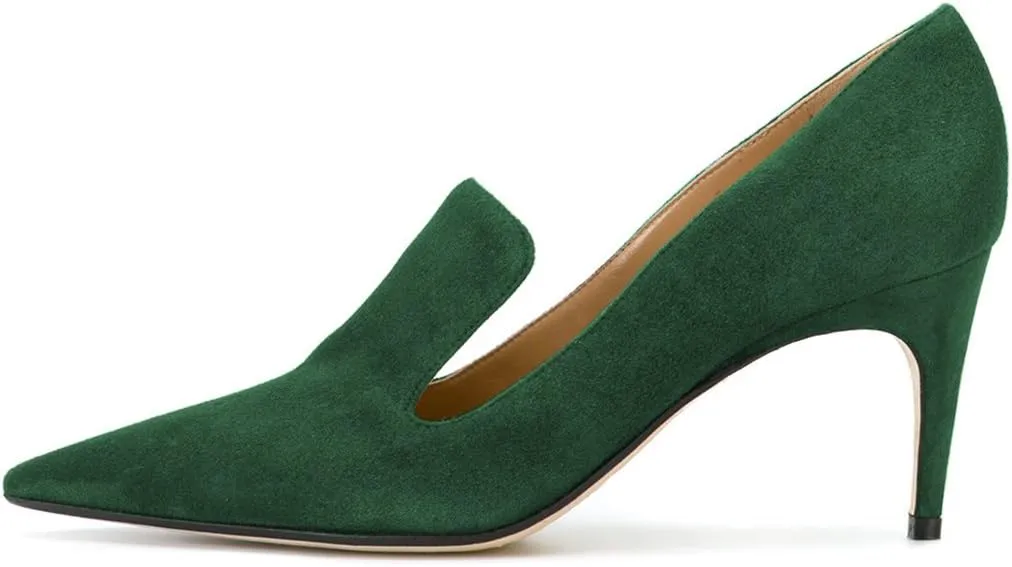 YDN Women's Mid Heels Slip on Loafer Stilettos Pumps Pointy Toe Slide Suede Prom Shoes Size 7-12 US