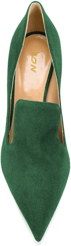 YDN Women's Mid Heels Slip on Loafer Stilettos Pumps Pointy Toe Slide Suede Prom Shoes Size 7-12 US