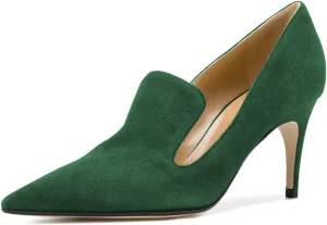 YDN Women's Mid Heels Slip on Loafer Stilettos Pumps Pointy Toe Slide Suede Prom Shoes Size 7-12 US