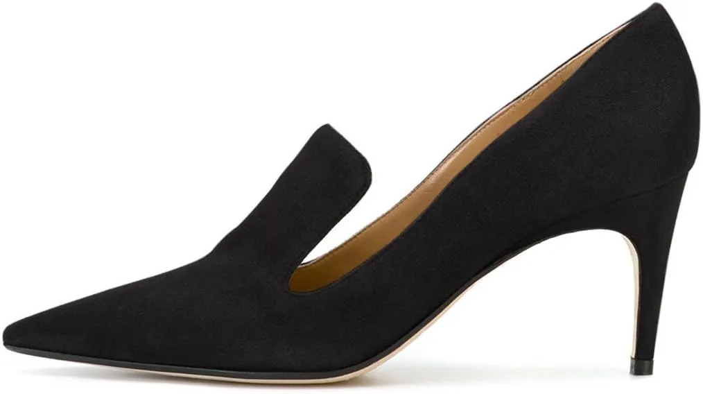 YDN Women's Mid Heels Slip on Loafer Stilettos Pumps Pointy Toe Slide Suede Prom Shoes Size 7-12 US