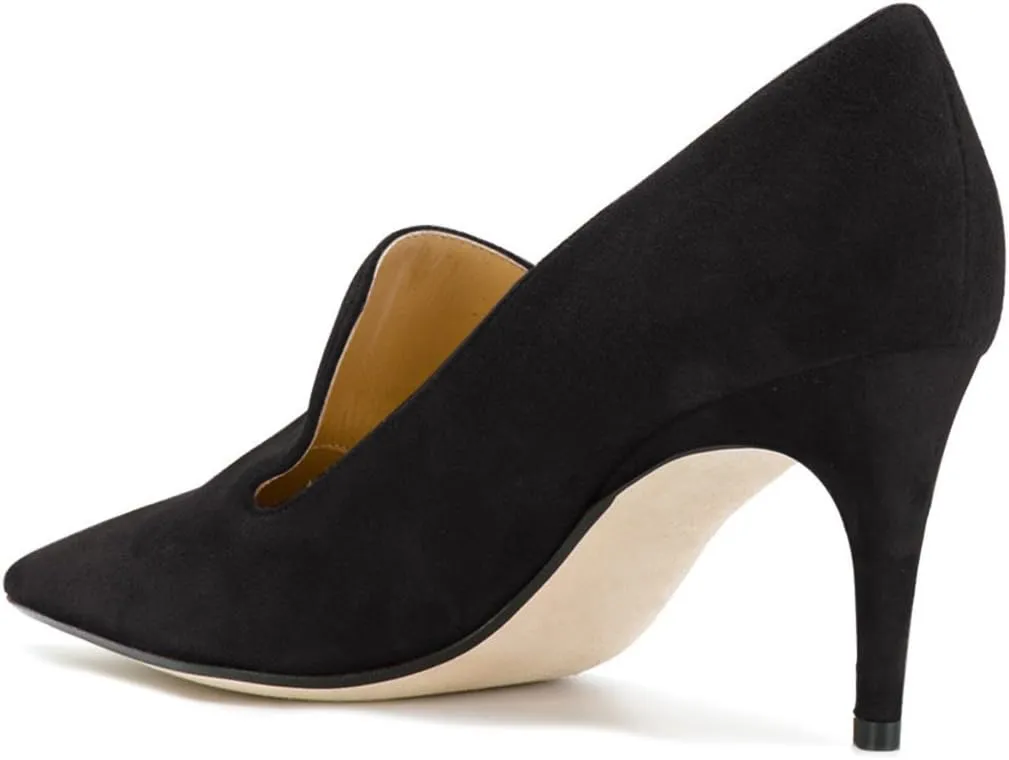 YDN Women's Mid Heels Slip on Loafer Stilettos Pumps Pointy Toe Slide Suede Prom Shoes Size 7-12 US
