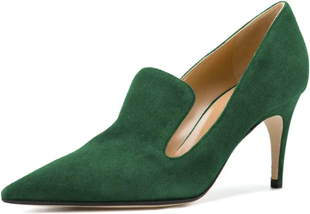 YDN Women's Mid Heels Slip on Loafer Stilettos Pumps Pointy Toe Slide Suede Prom Shoes Size 7-12 US