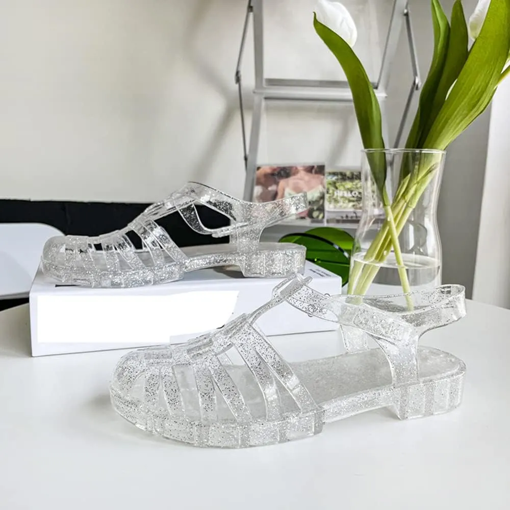 Yehopere Women's Jelly Sandals Retro T-Strap Glitter Flats Summer Beach Water Rain Shoes