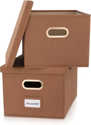 ZICOTO Decorative File Organizer Box Set of 2 - Collapsible Linen Filing Cabinets w/Handles Are Perfect to Store all Your Documents & Hanging File Folders - Portable Easy Slide Crates with Lid