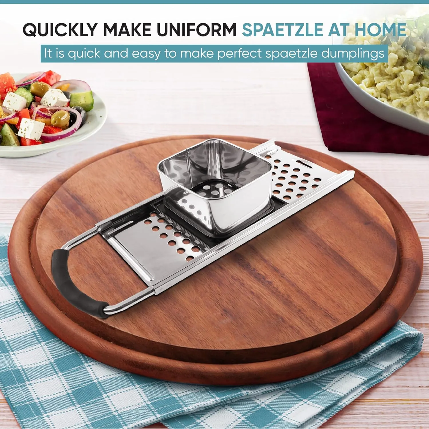 Zoie   Chloe Spaetzle Maker Lid with Scraper - Easy To Use Spaetzle Press For Traditional German Dumplings & Egg Noodles - Dishwasher-Safe, Premium Stainless Steel - Easy Grip Strainer, 12.8x4.2"